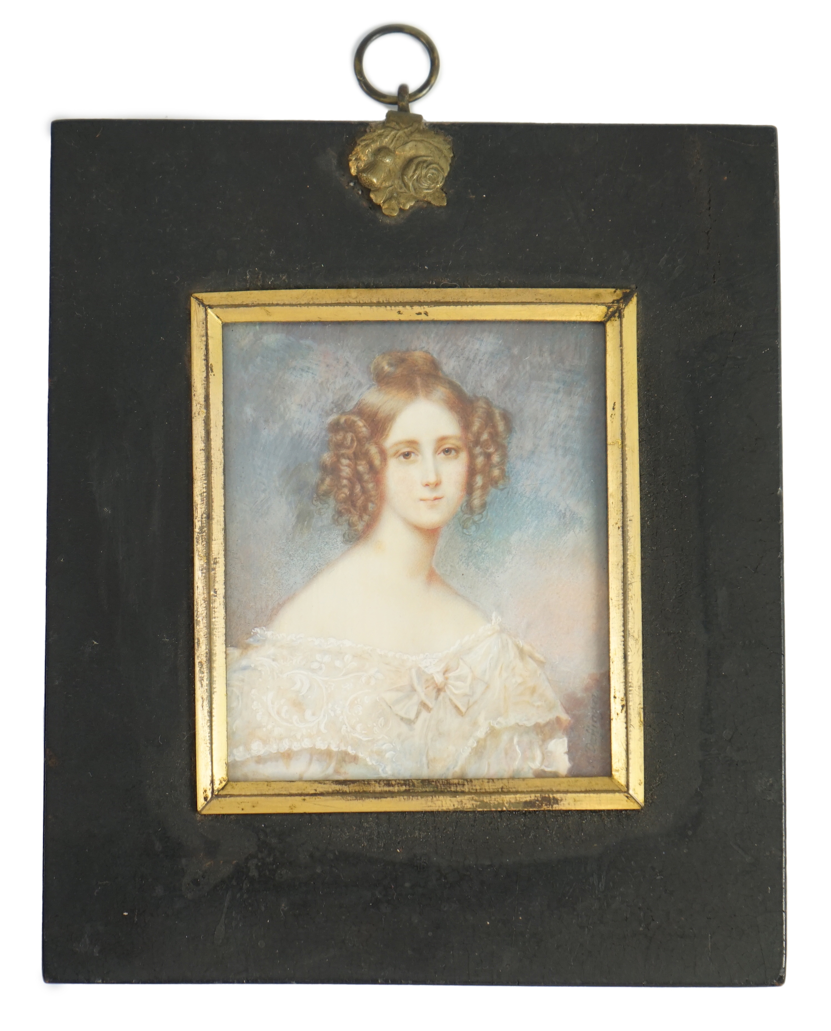 After Moritz Michael Daffinger (1790-1849), Portrait miniature of a young lady wearing a white dress, watercolour on ivory, 8.4 x 7cm. CITES Submission reference Y4E5Y1TG